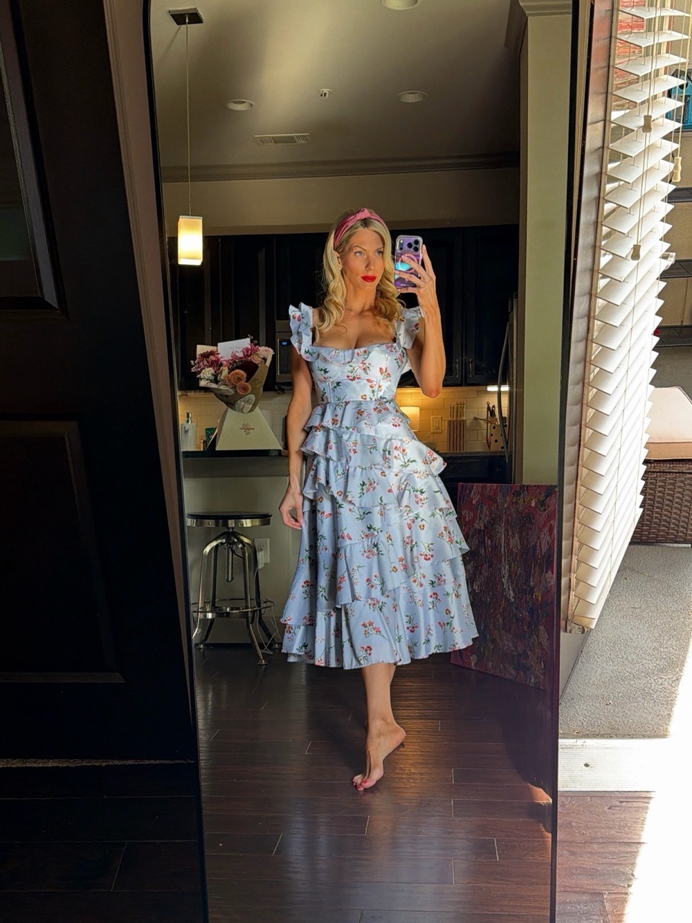BHLDN Light Blue Floral Ruffle Midi Dress with Corset